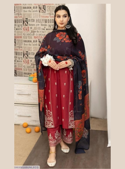 3 PCS WOMENS UNSTITCHED EMBROIDERED SUIT .