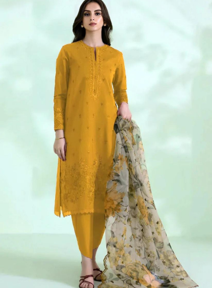 3 PCS WOMENS UNSTITCHED EMBROIDERED SUIT .