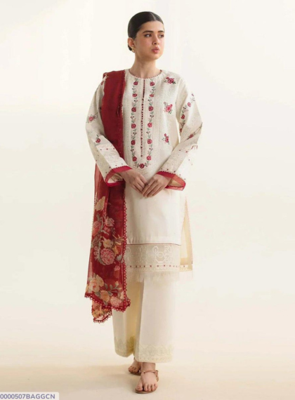 3 PCS WOMENS UNSTITCHED  EMBROIDERED SUIT .
