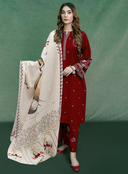 3 PCS WOMENS UNSTITCHED EMBROIDERED SUIT .